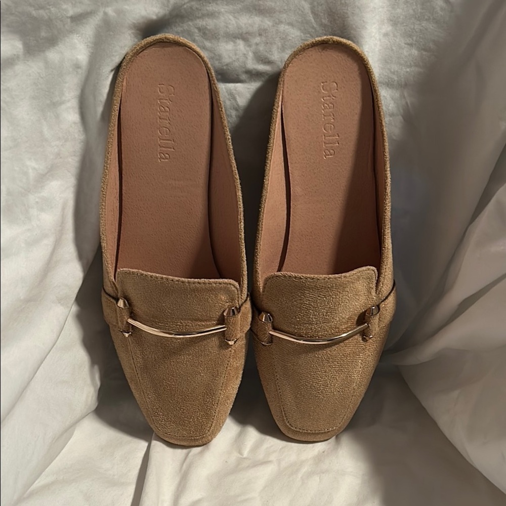 Tan Faux Microsuede Mules with Gold Detail